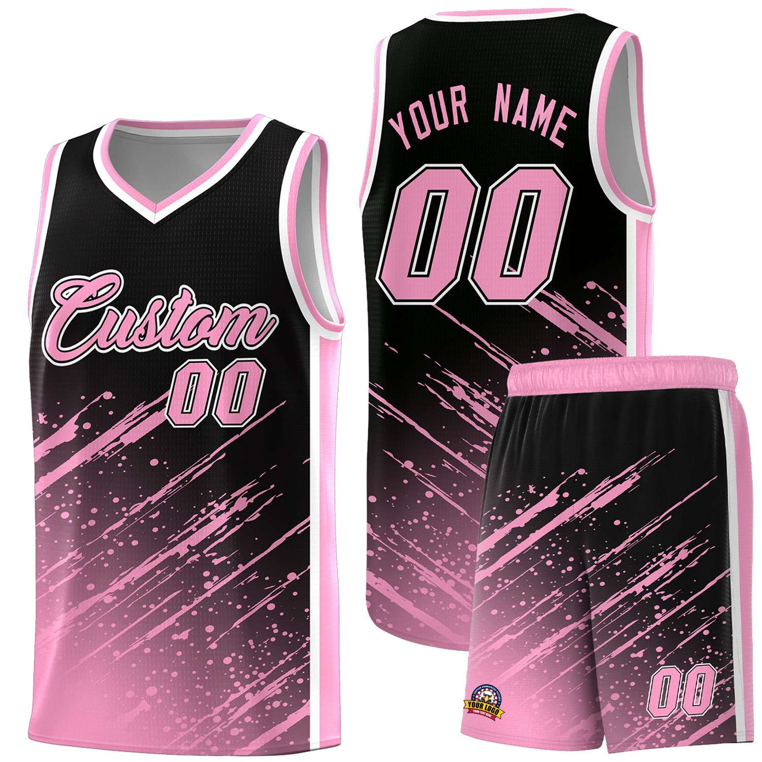 Custom Black Basketball Kits With Light Pink Paint Graffiti