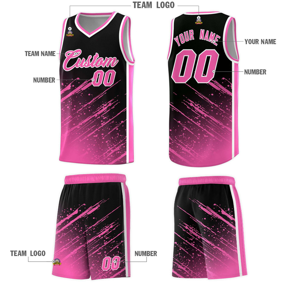 Custom Black Basketball Kits With Pink Paint Graffiti