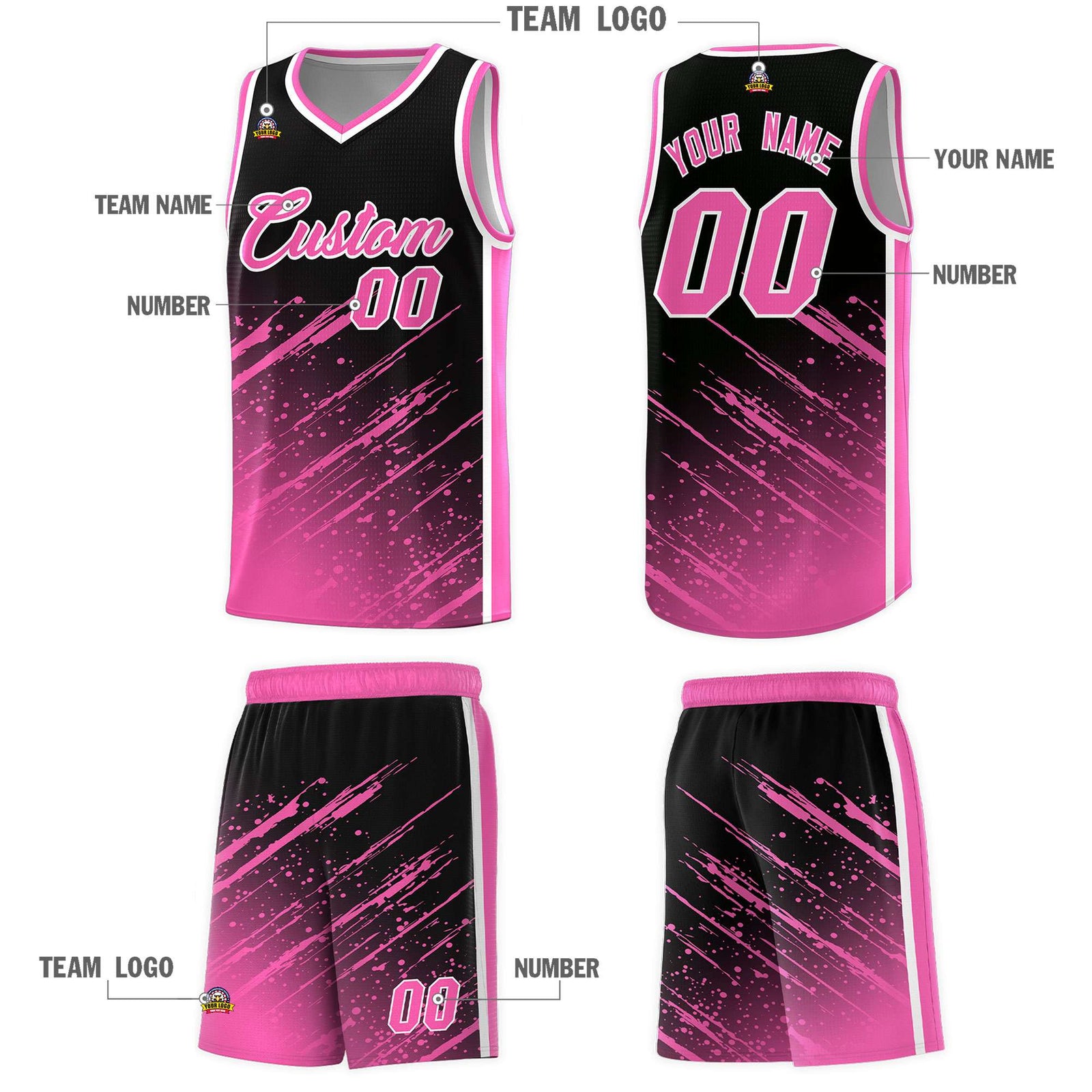 Custom Black Basketball Kits With Pink Paint Graffiti