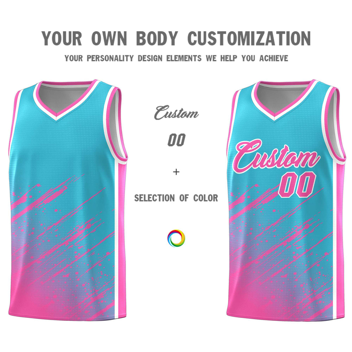 Custom Sky Blue Basketball Kits With Pink Paint Graffiti