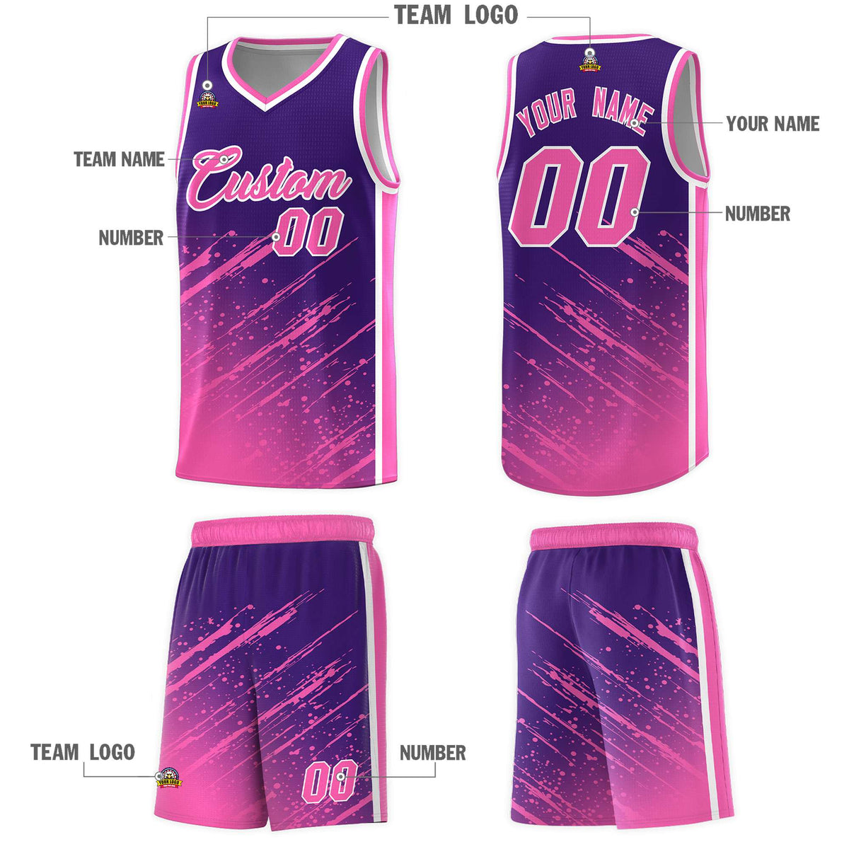 Custom Purple Basketball Kits With Pink Paint Graffiti