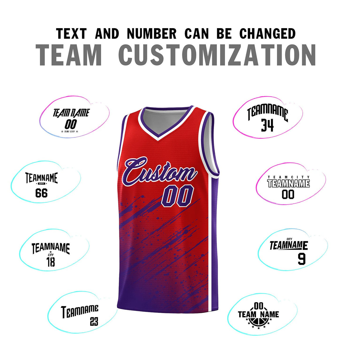 Custom Red Basketball Kits With Purple Paint Graffiti