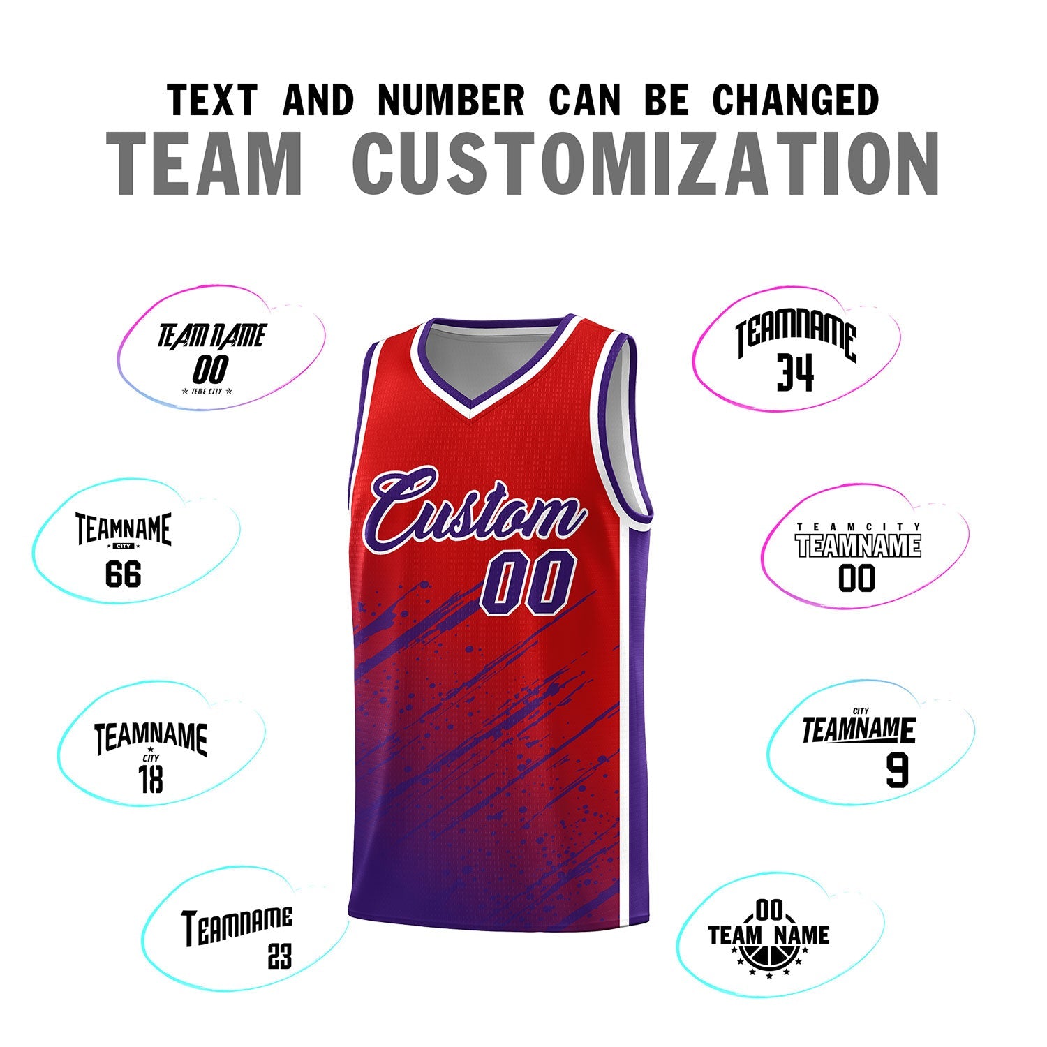 Custom Red Basketball Kits With Purple Paint Graffiti