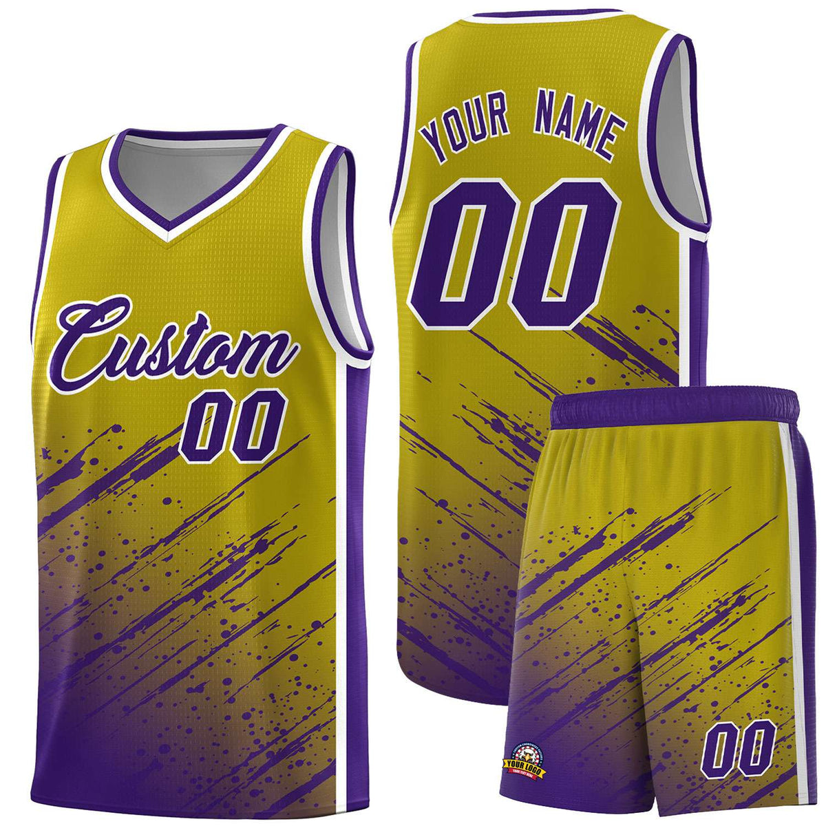 Custom Old Gold Basketball Kits With Purple Paint Graffiti