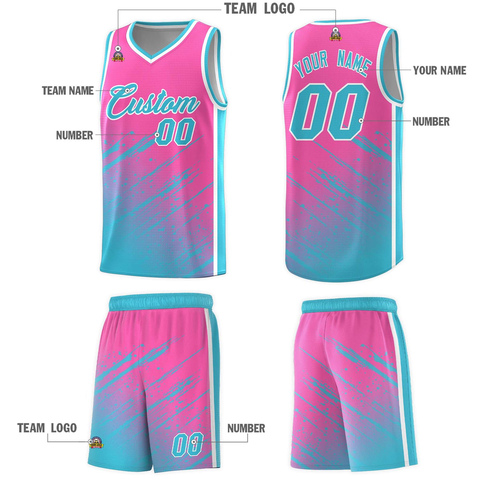 Custom Pink Basketball Kits With Sky Blue Paint Graffiti