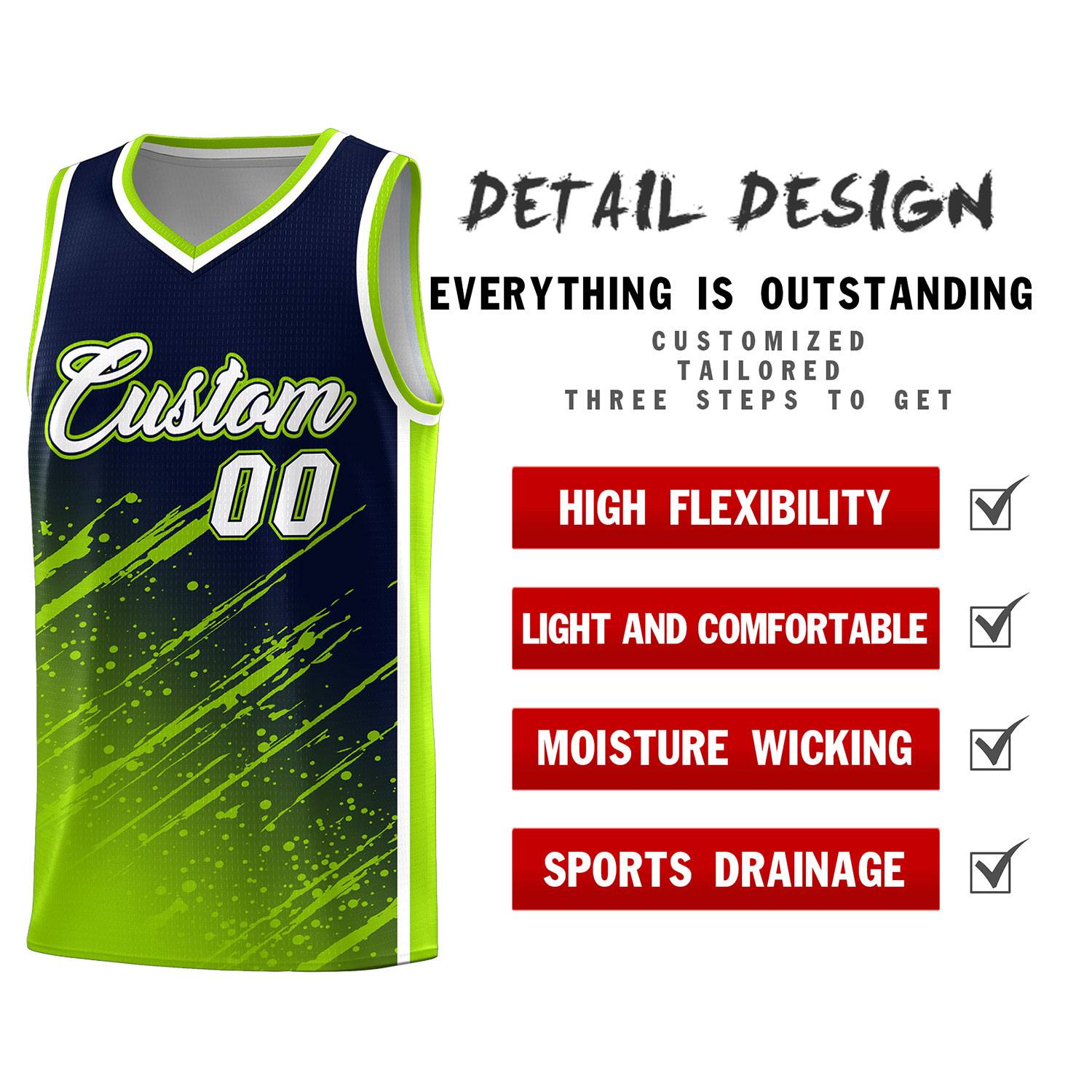 Custom Navy Basketball Kits With Neon Green Paint Graffiti