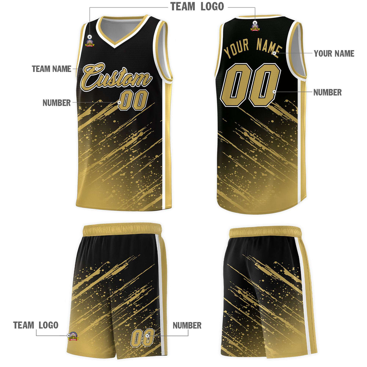 Custom Black Basketball Kits With Old Gold Paint Graffiti