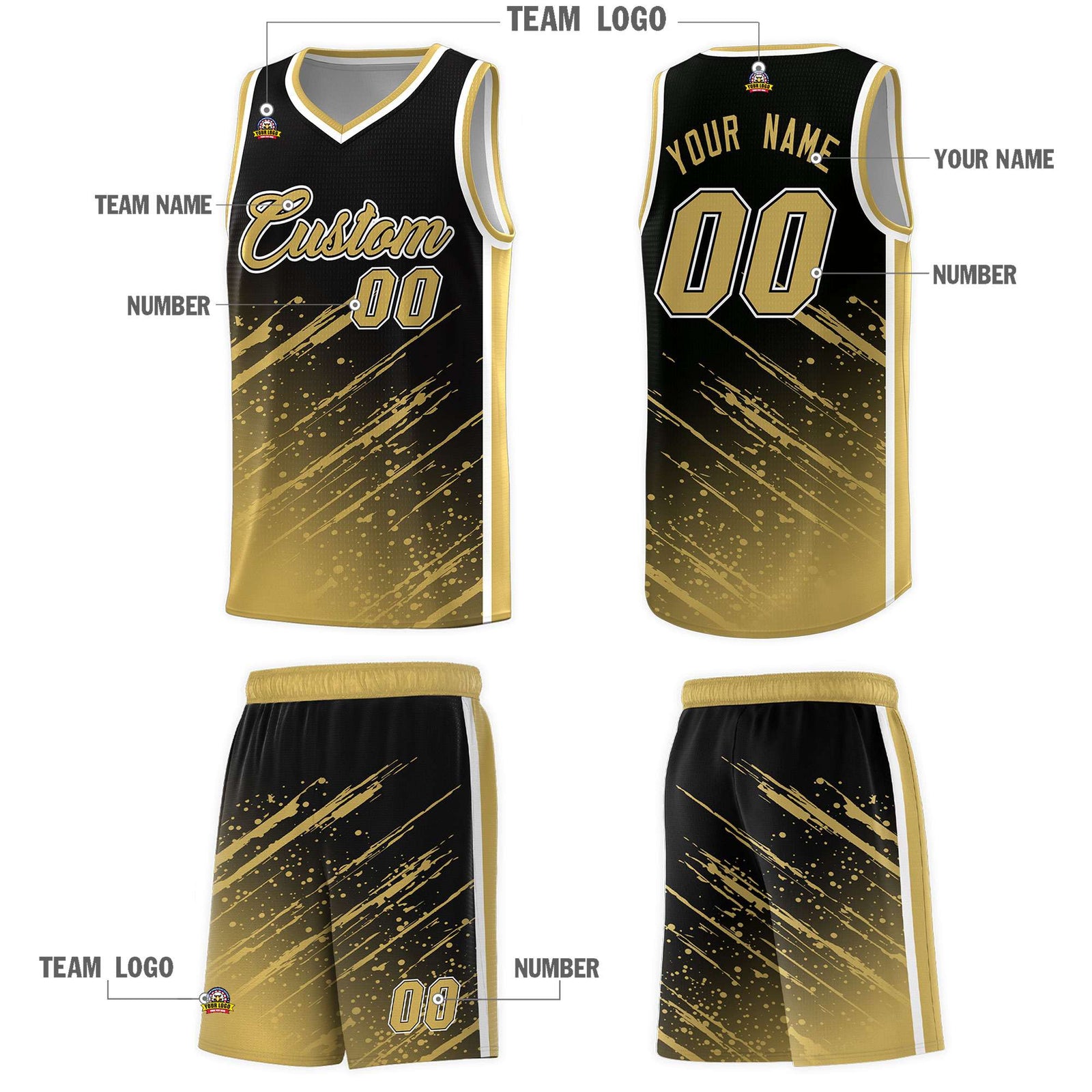 Custom Black Basketball Kits With Old Gold Paint Graffiti