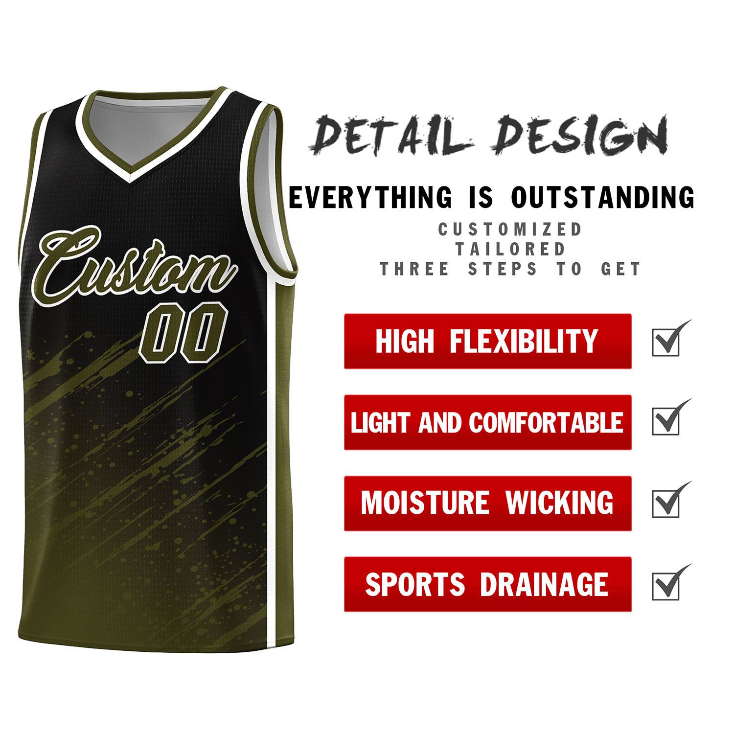 Custom Black Basketball Kits With Olive Paint Graffiti