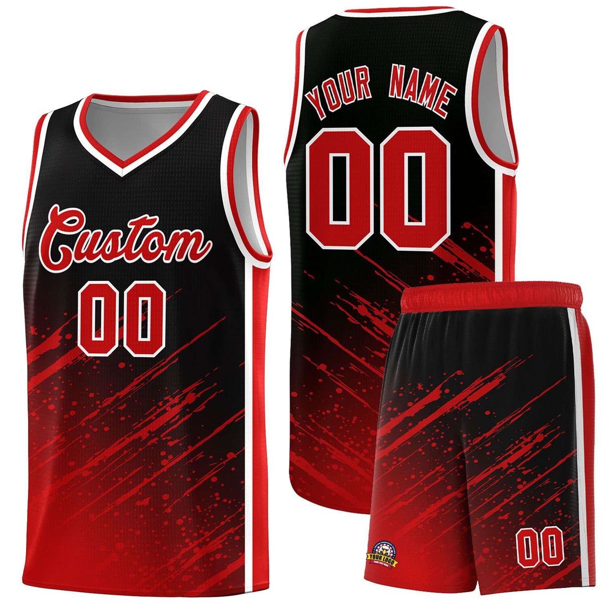 Custom Black Basketball Kits With Red Paint Graffiti