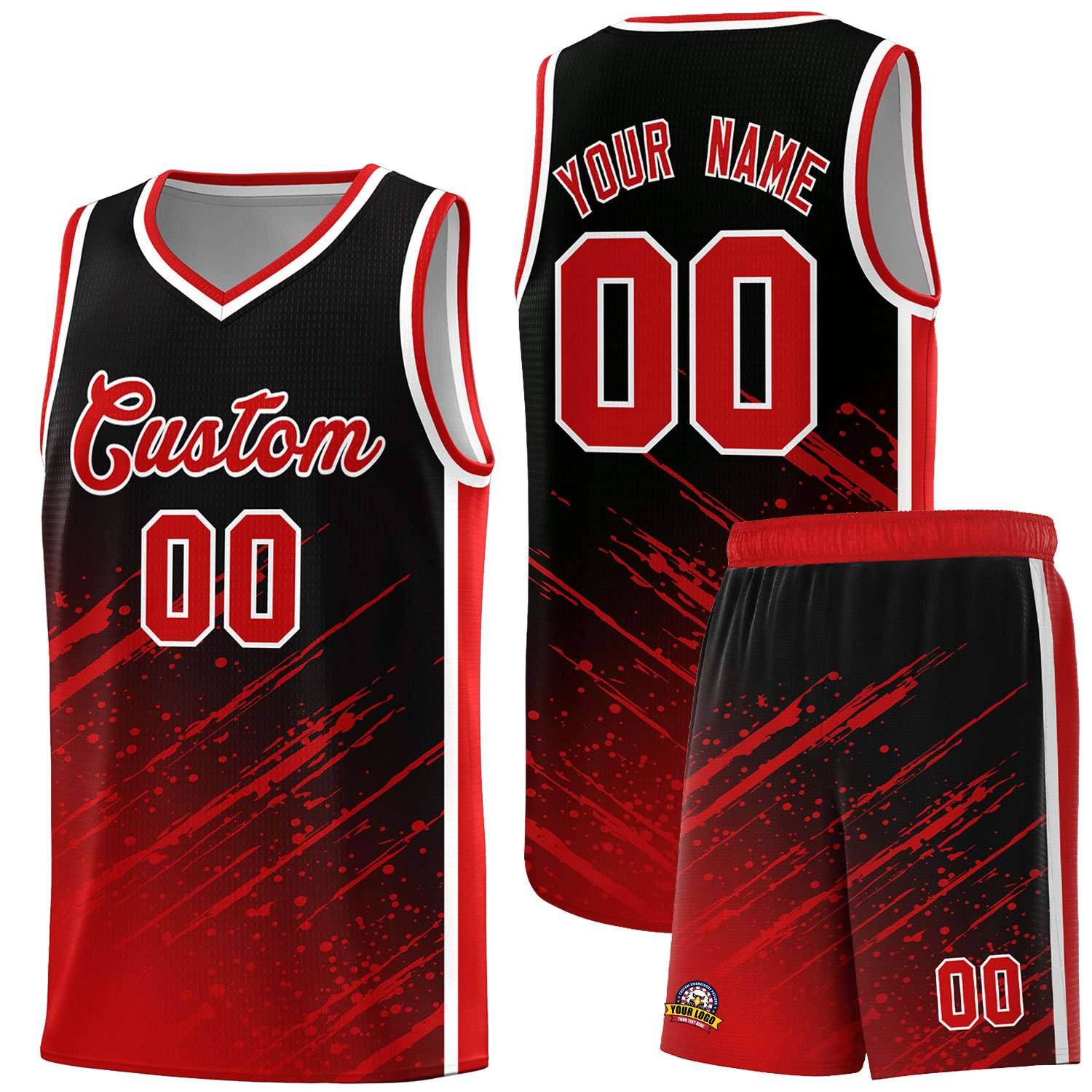 Custom Black Basketball Kits With Red Paint Graffiti