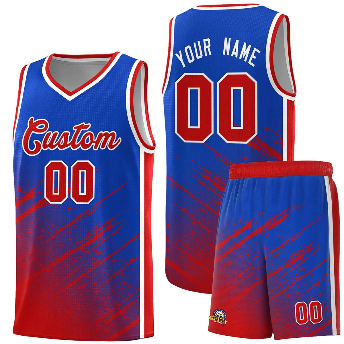 Custom Royal Basketball Kits With Red Paint Graffiti