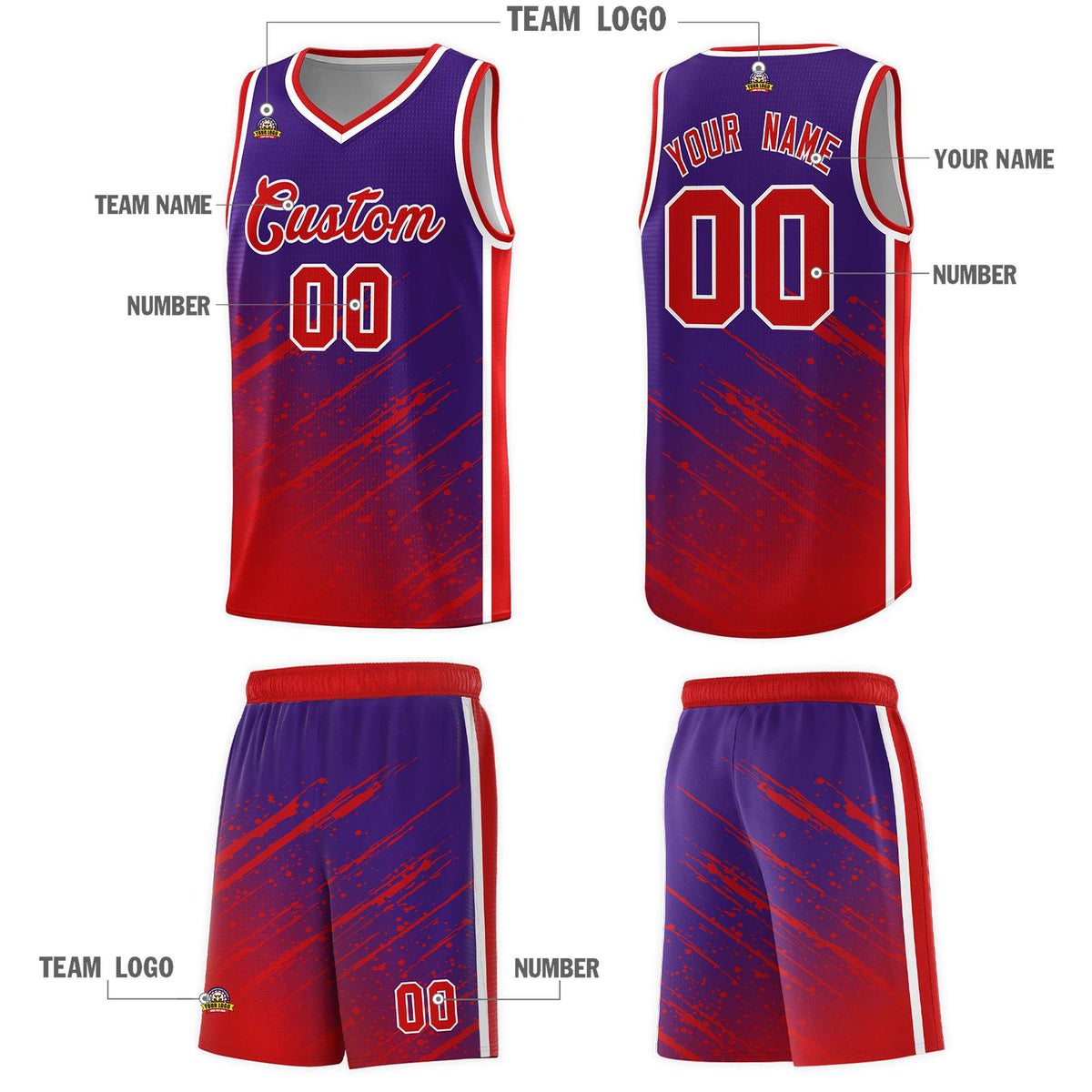Custom Purple Basketball Kits With Red Paint Graffiti