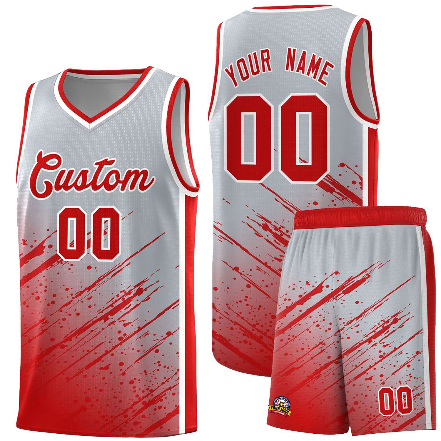 Custom Gray Basketball Kits With Red Paint Graffiti