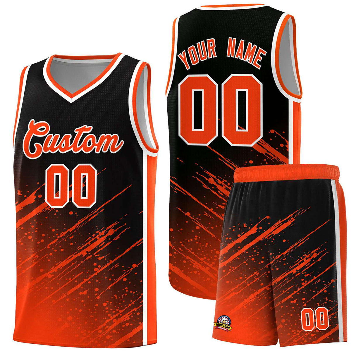 Custom Black Basketball Kits With Orange Paint Graffiti