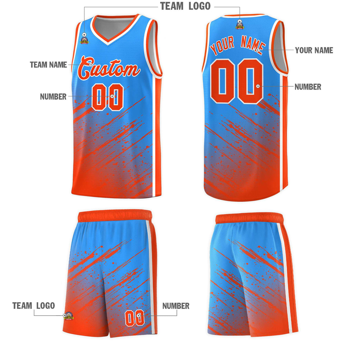 Custom Powder Blue Basketball Kits With Orange Paint Graffiti