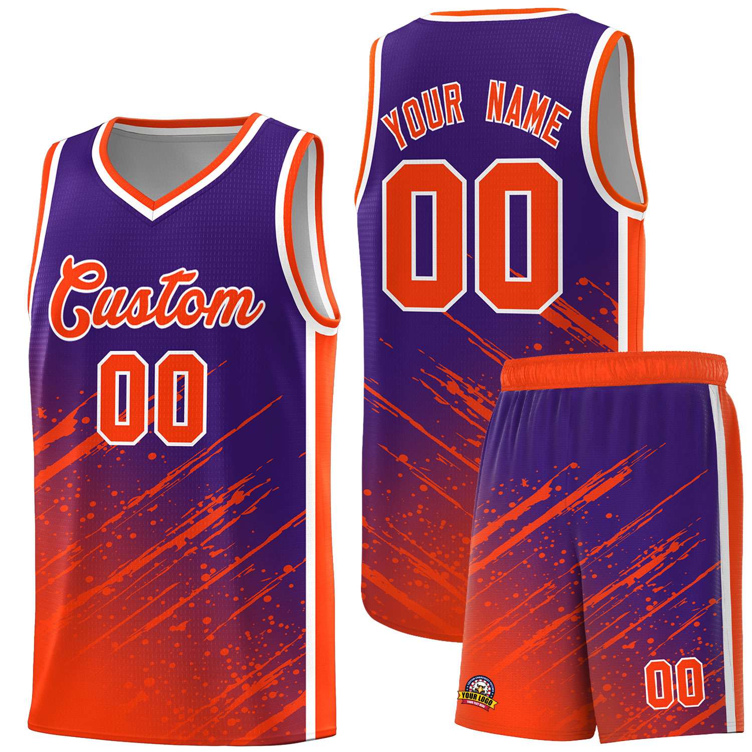 Custom Purple Basketball Kits With Orange Paint Graffiti