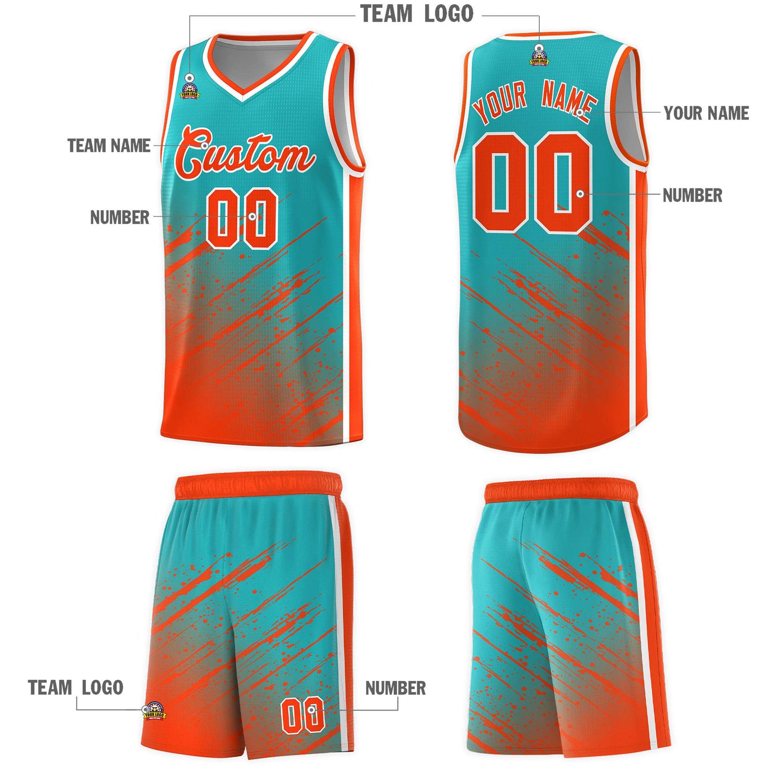 Custom Aqua Basketball Kits With Orange Paint Graffiti