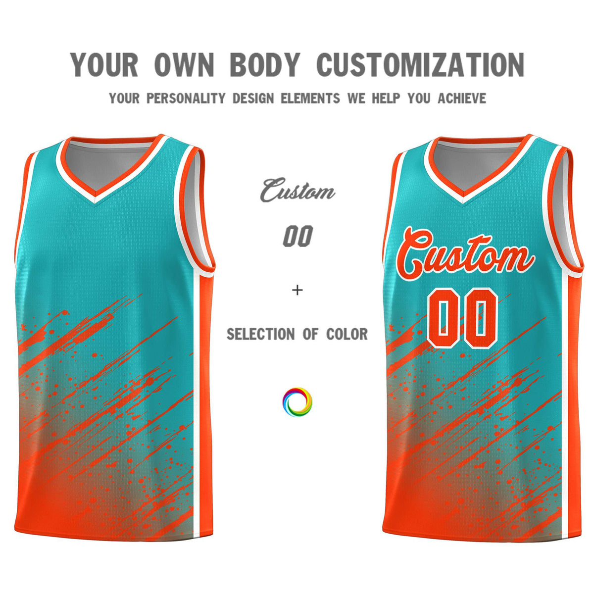 Custom Aqua Basketball Kits With Orange Paint Graffiti