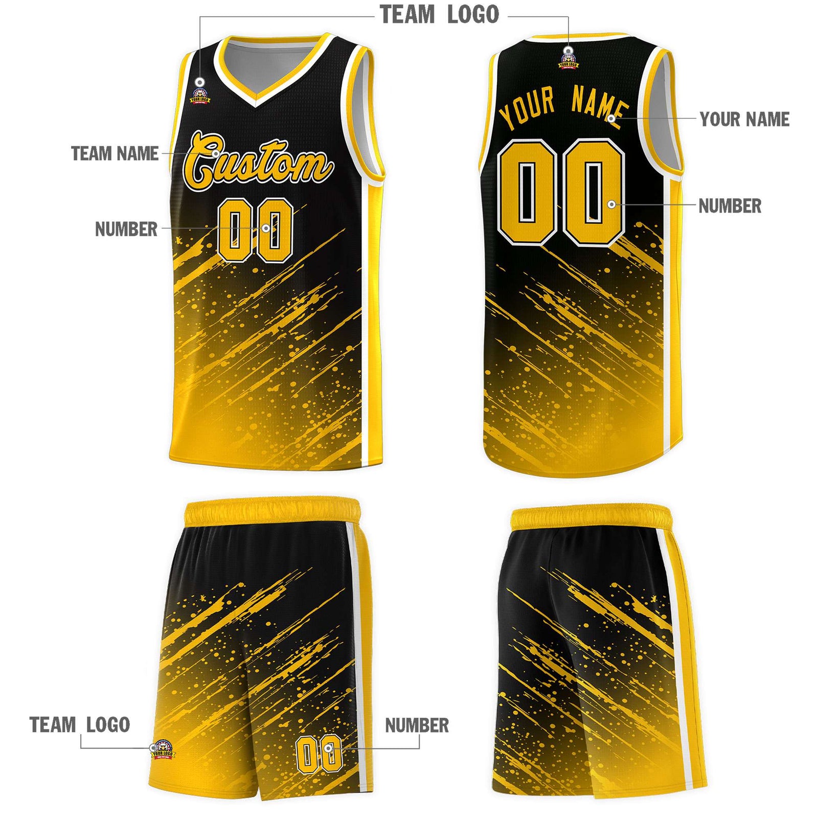 Custom Black Basketball Kits With Yellow Paint Graffiti