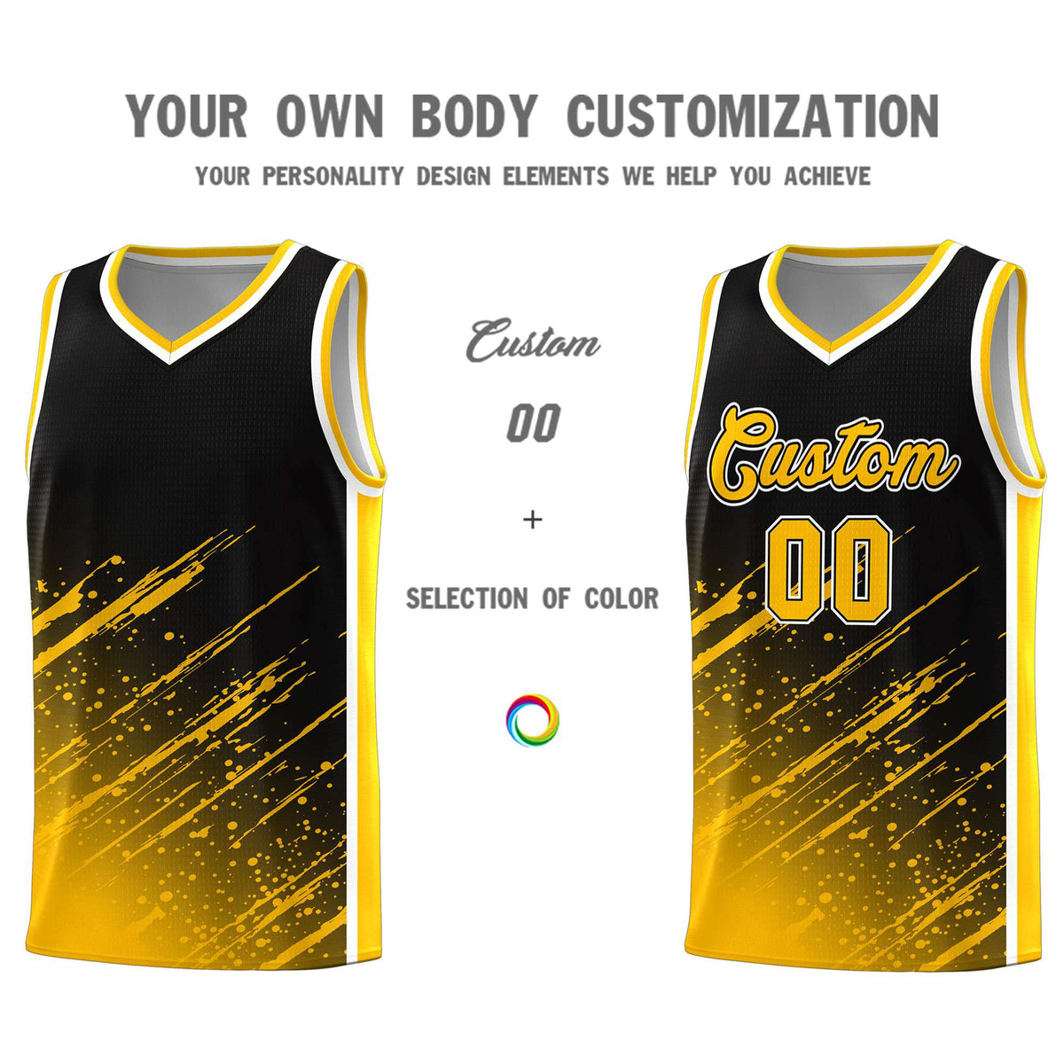 Custom Black Basketball Kits With Yellow Paint Graffiti