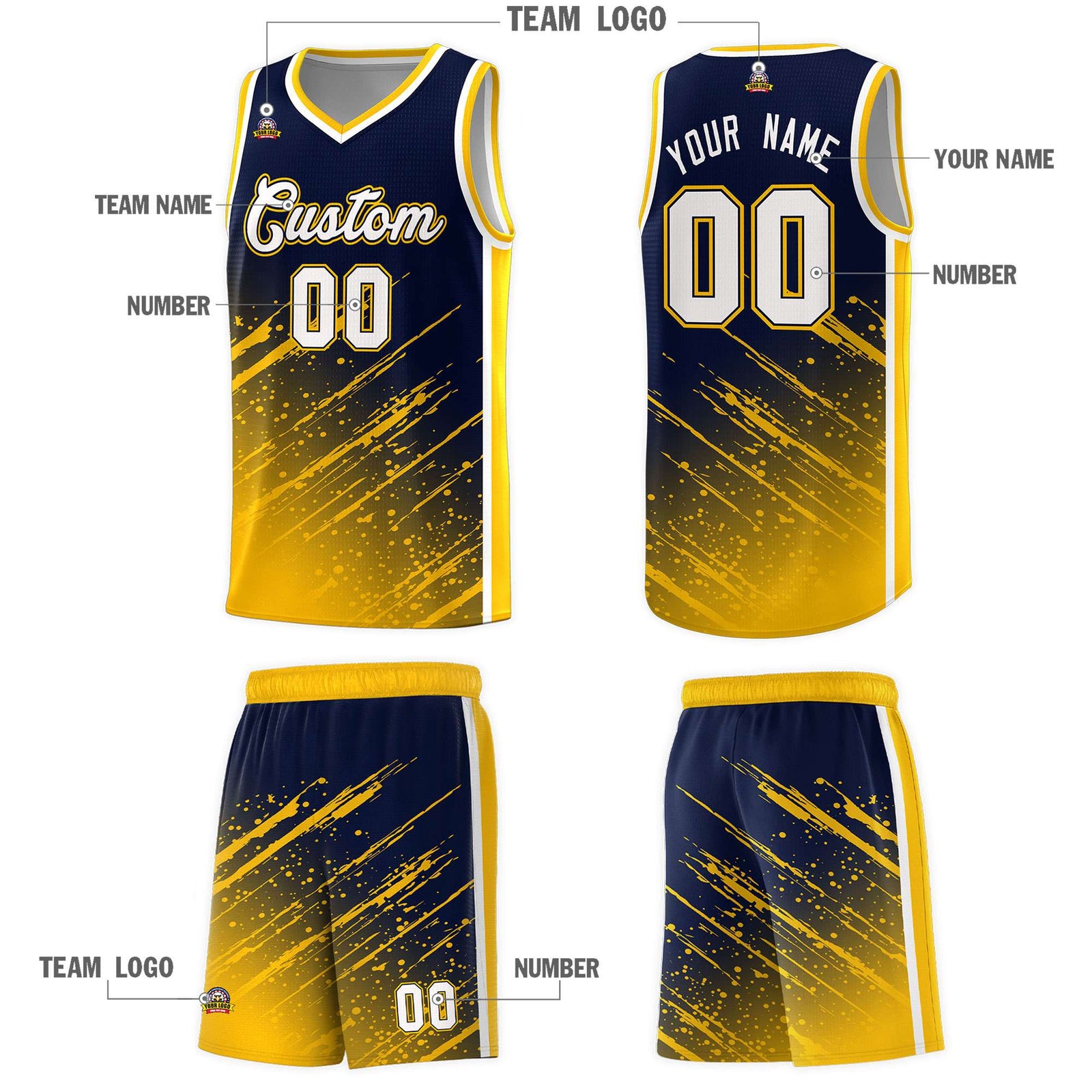 Custom Navy Basketball Kits With Yellow Paint Graffiti