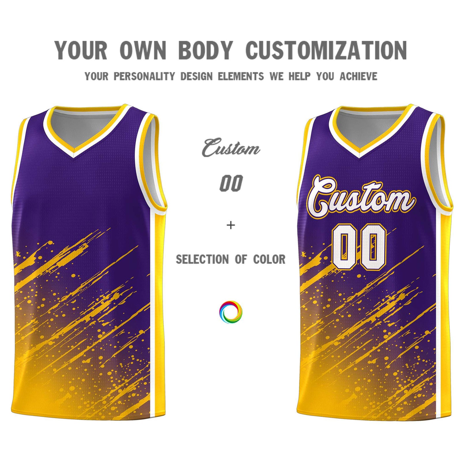 Custom Purple Basketball Kits With Yellow Paint Graffiti