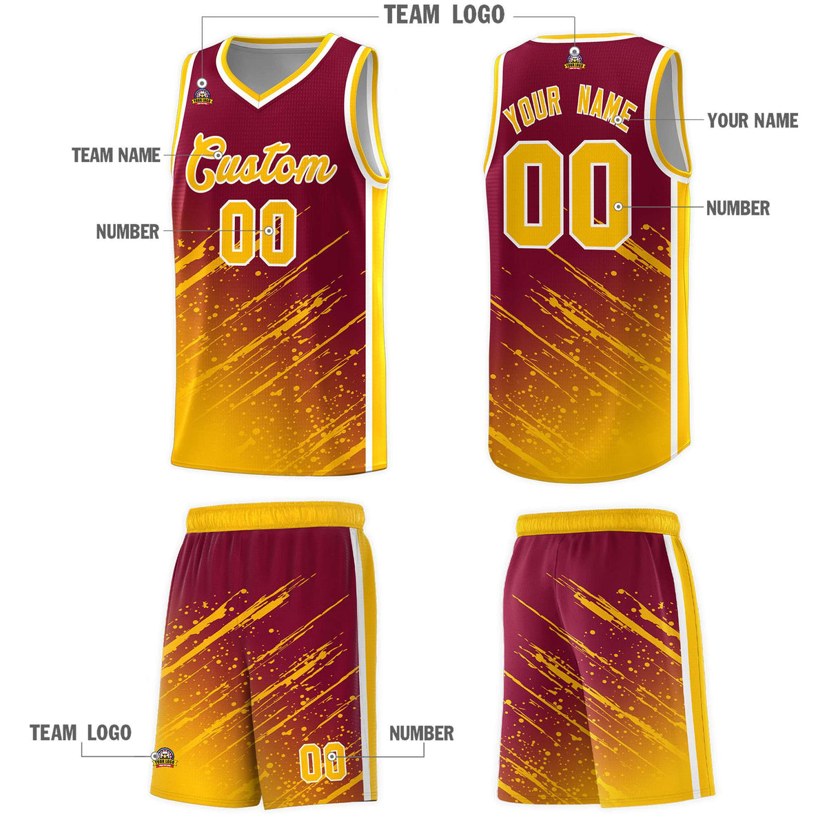 Custom Crimson Basketball Kits With Yellow Paint Graffiti