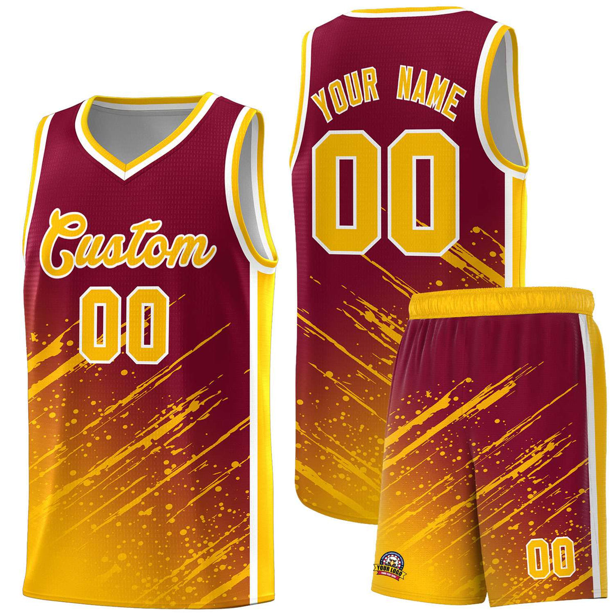 Custom Crimson Basketball Kits With Yellow Paint Graffiti