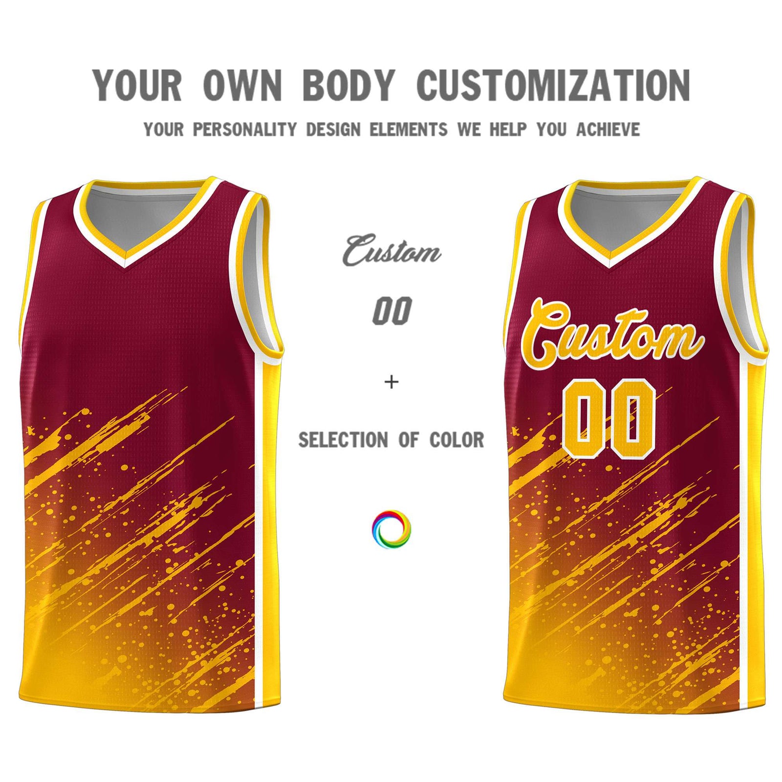 Custom Crimson Basketball Kits With Yellow Paint Graffiti