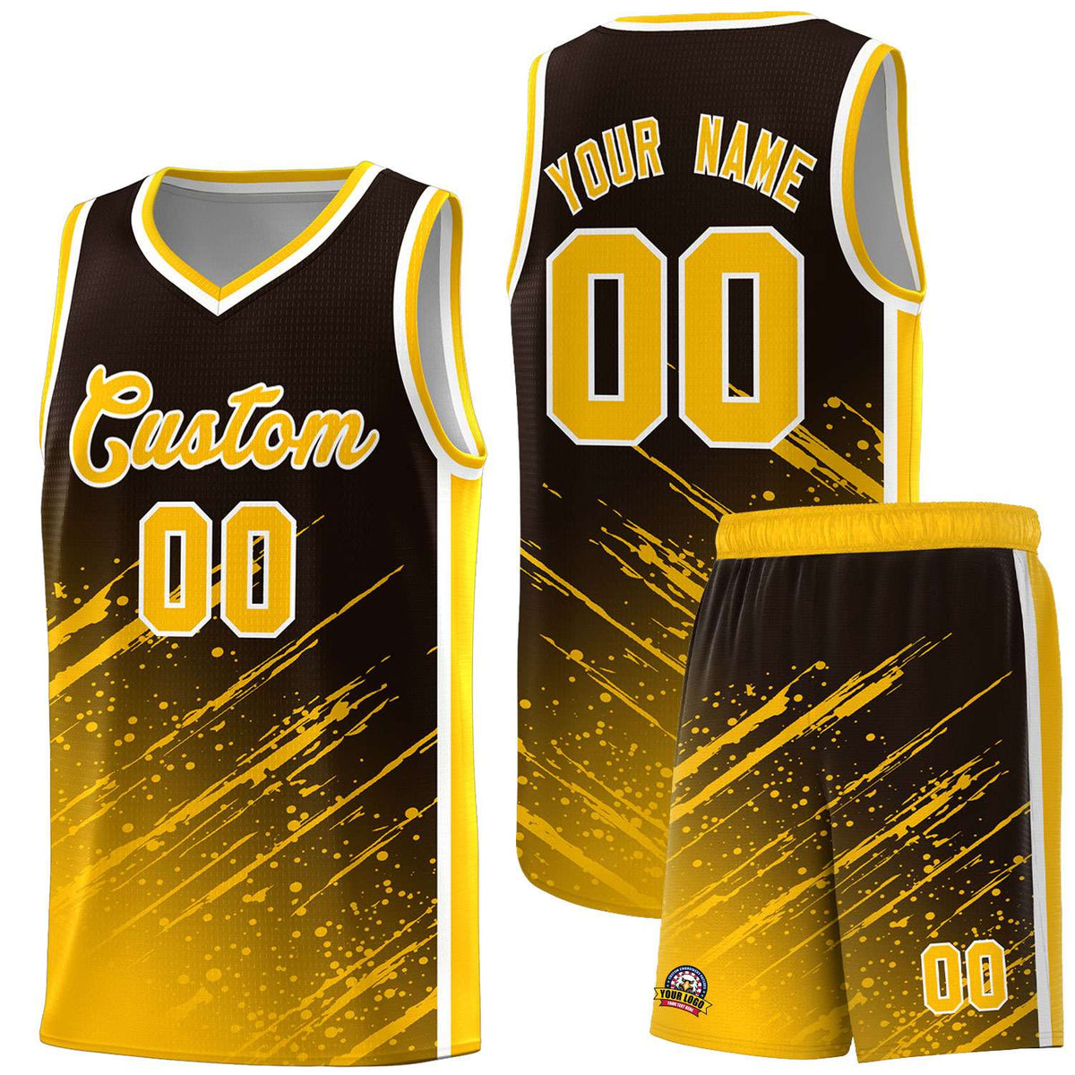 Custom Brown Basketball Kits With Yellow Paint Graffiti