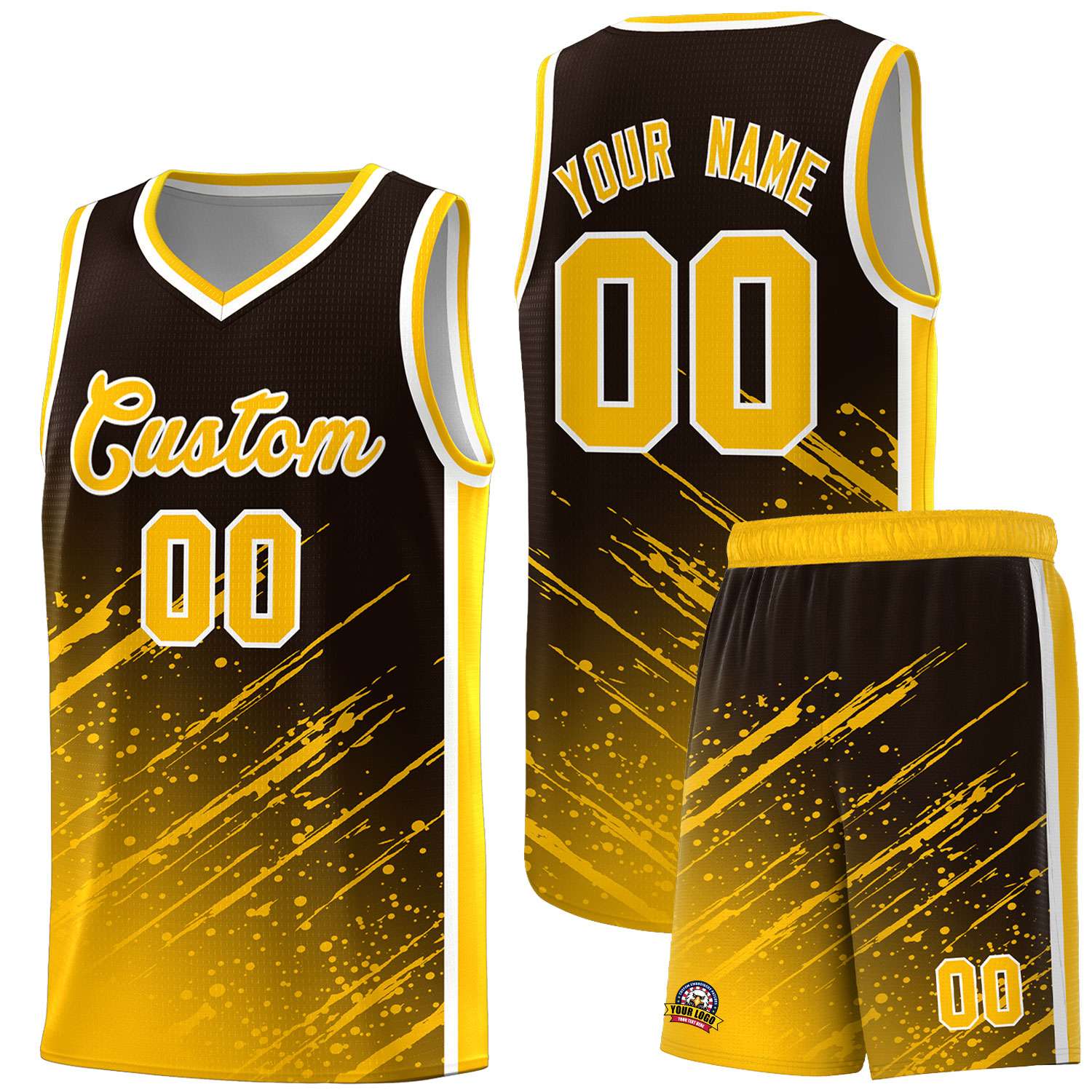 Custom Brown Basketball Kits With Yellow Paint Graffiti