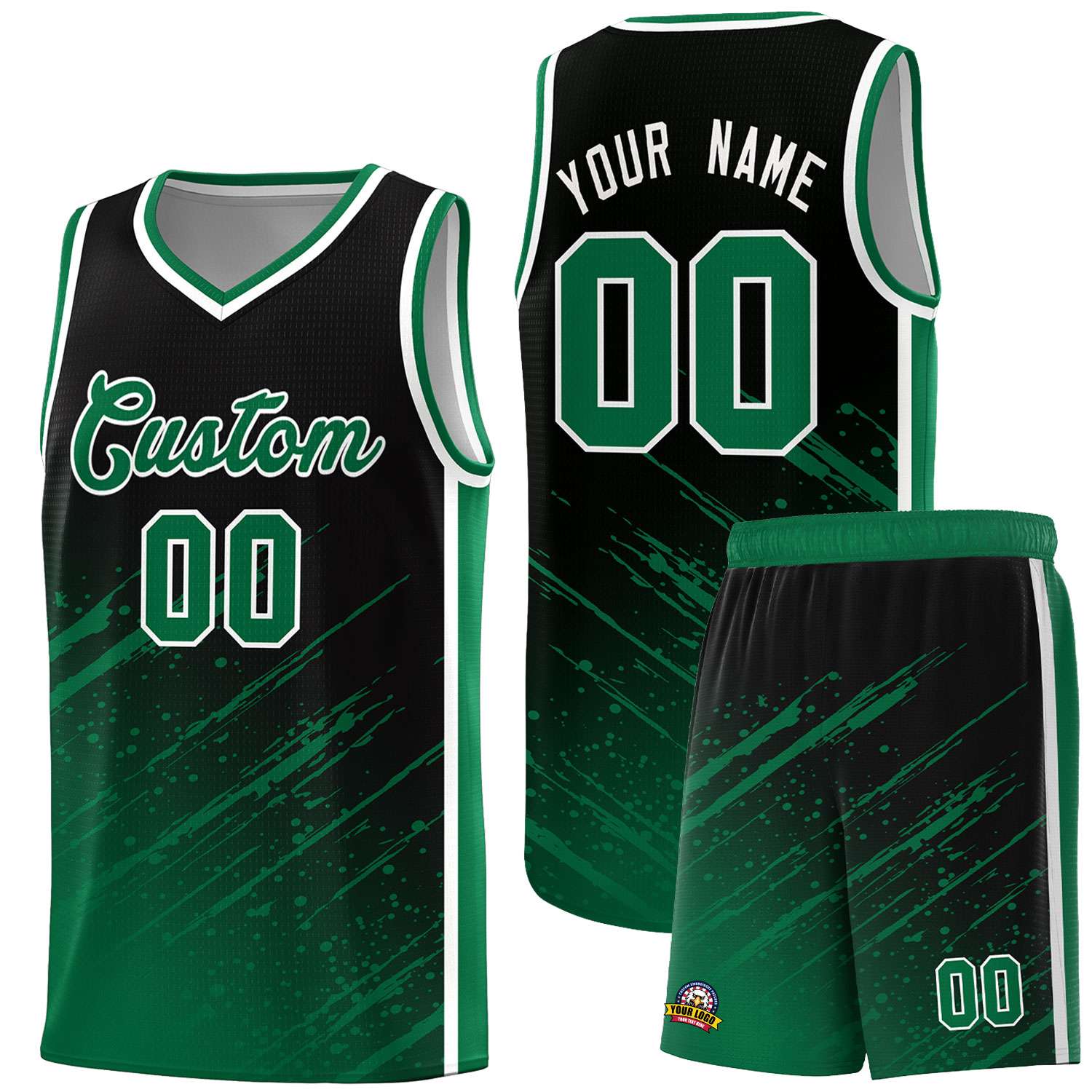 Custom Black Basketball Kits With Kelly Green Paint Graffiti