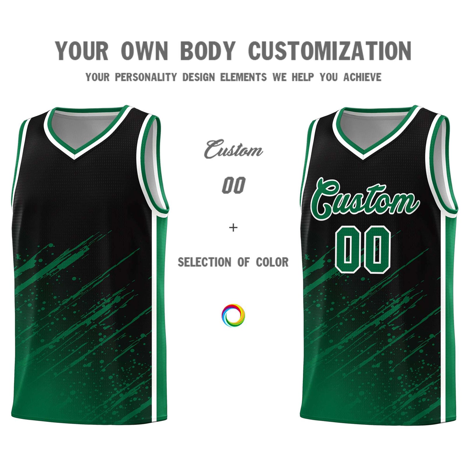 Custom Black Basketball Kits With Kelly Green Paint Graffiti
