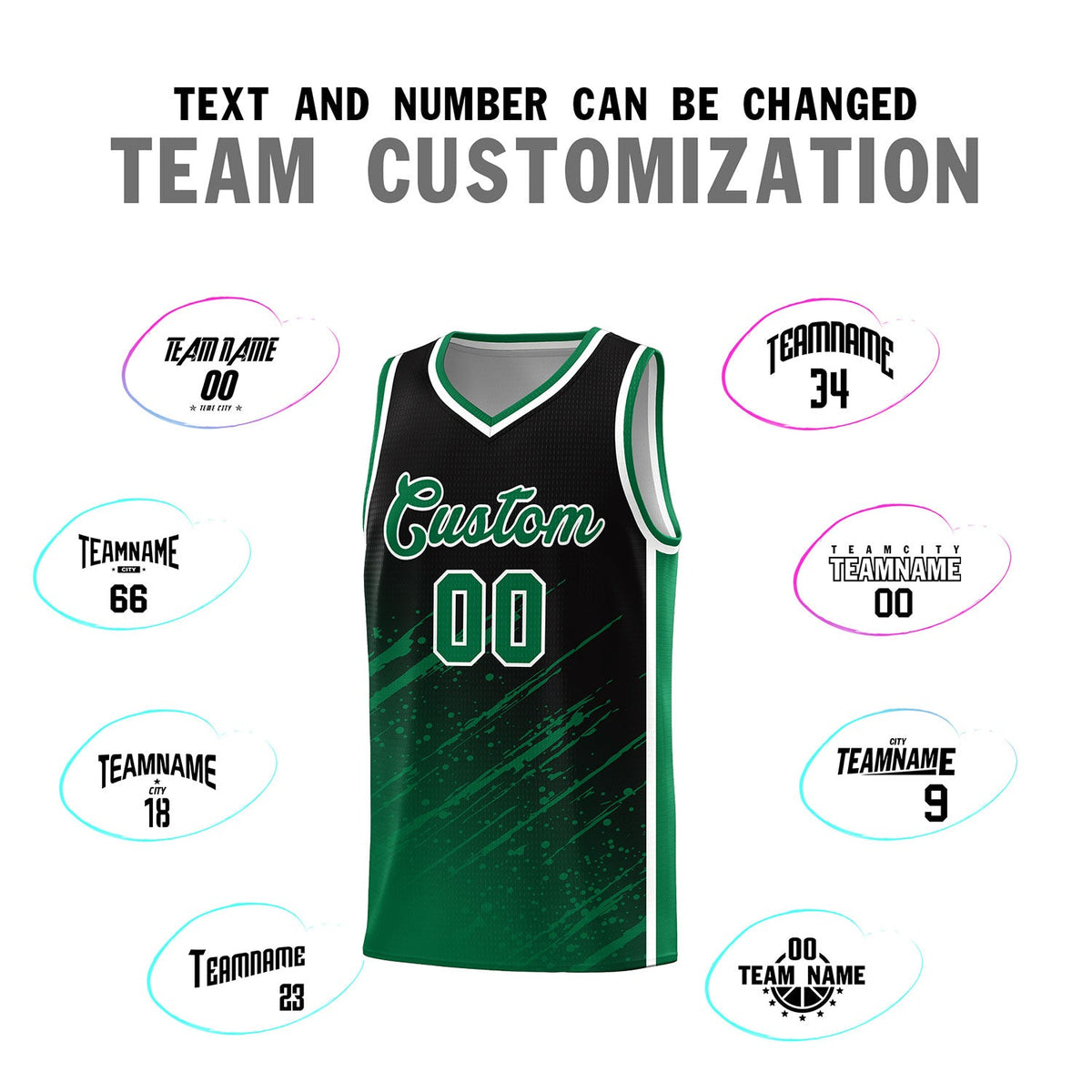 Custom Black Basketball Kits With Kelly Green Paint Graffiti