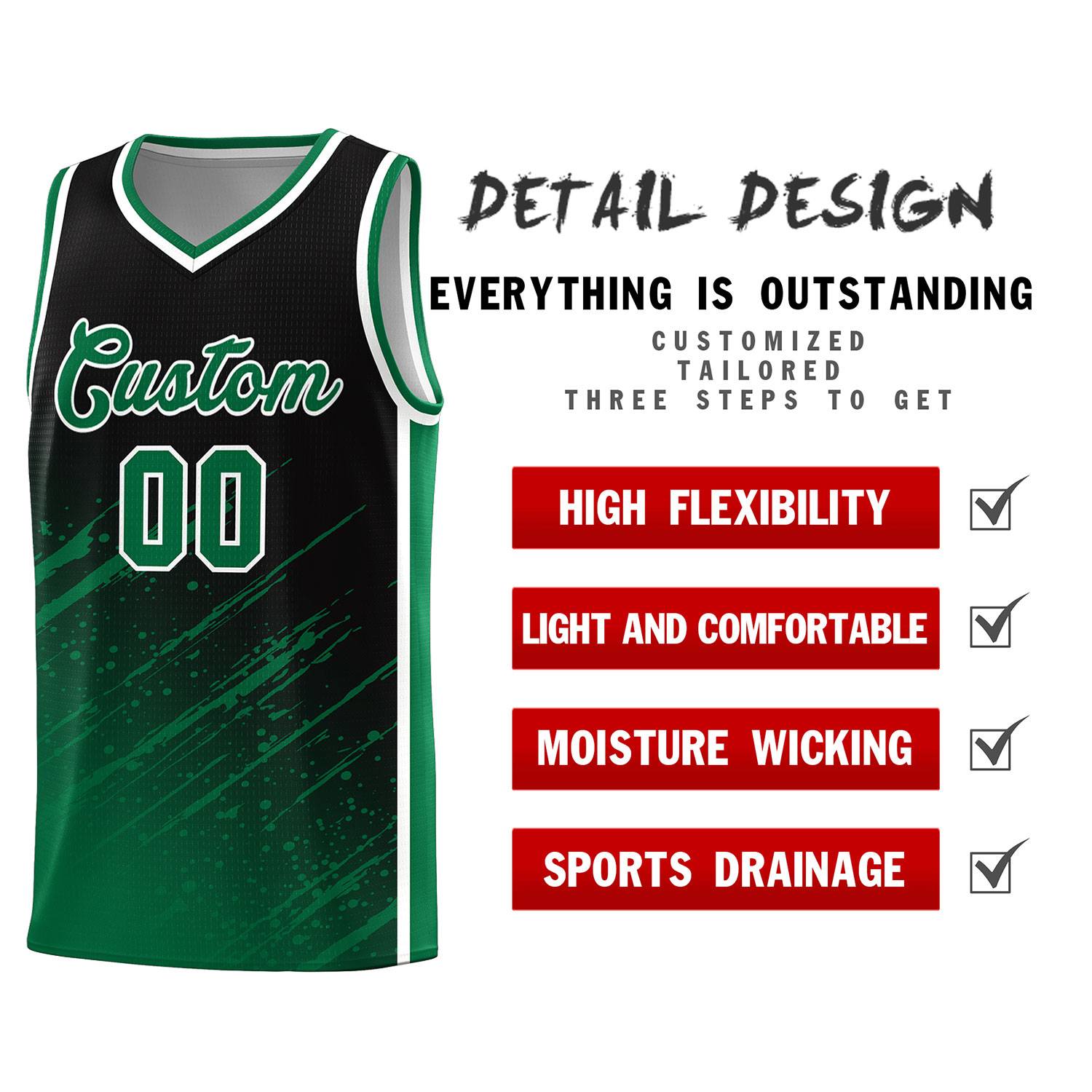 Custom Black Basketball Kits With Kelly Green Paint Graffiti