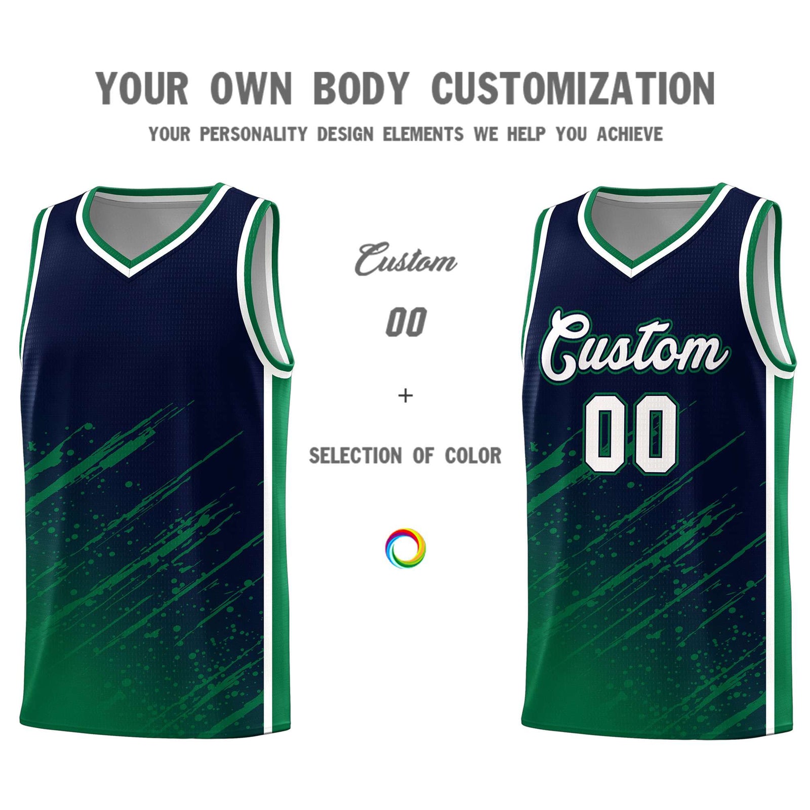 Custom Navy Basketball Kits With Kelly Green Paint Graffiti