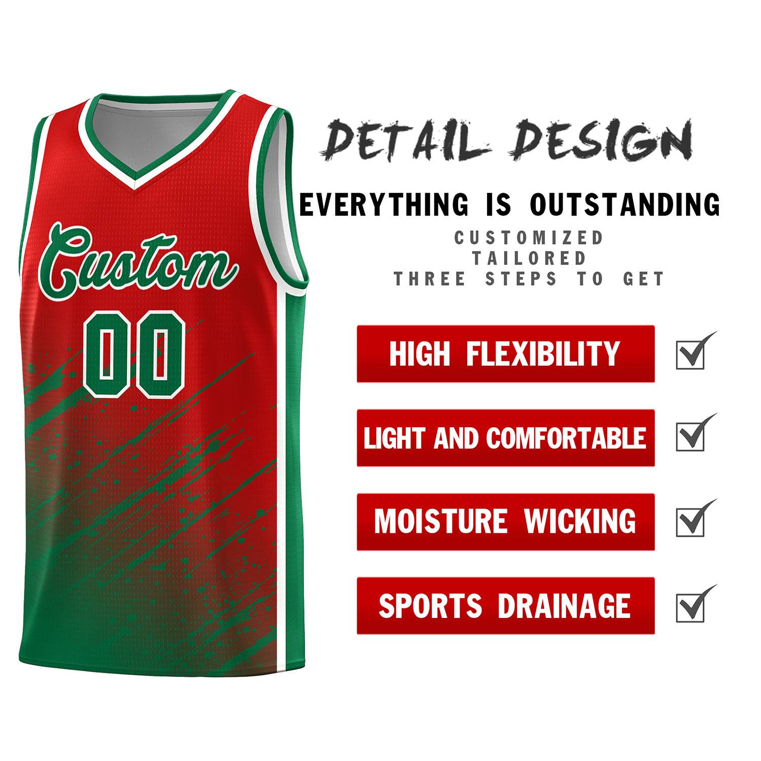 Custom Red Basketball Kits With Kelly Green Paint Graffiti