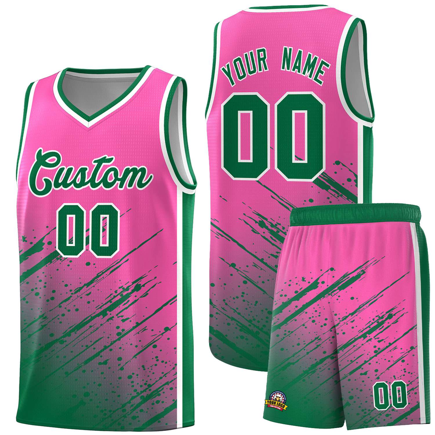 Custom Pink Basketball Kits With Kelly Green Paint Graffiti