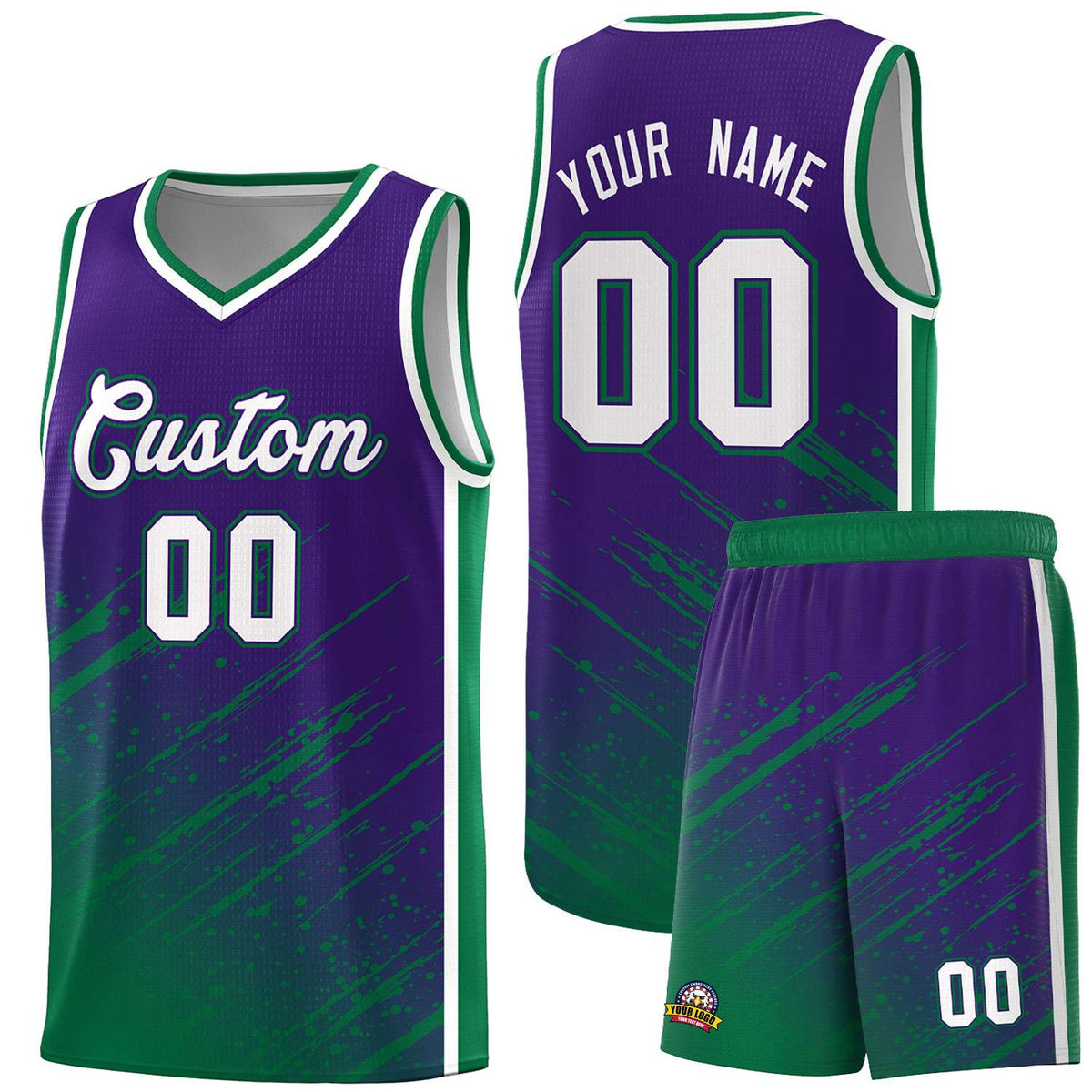 Custom Purple Basketball Kits With Kelly Green Paint Graffiti