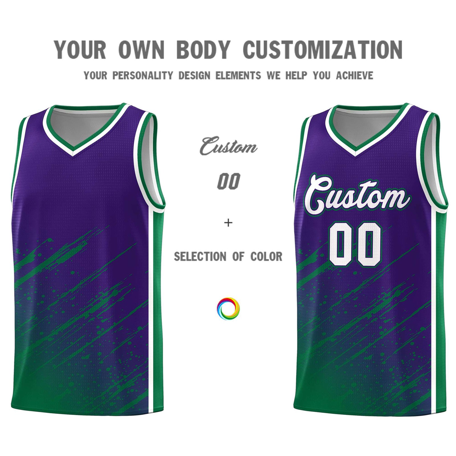Custom Purple Basketball Kits With Kelly Green Paint Graffiti