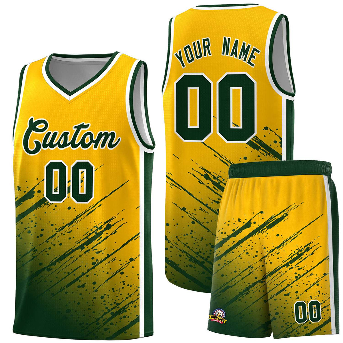 Custom Yellow Basketball Kits With Green Paint Graffiti