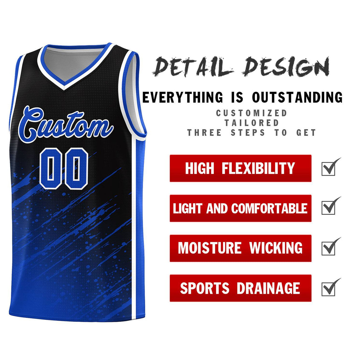 Custom Black Basketball Kits With Royal Paint Graffiti