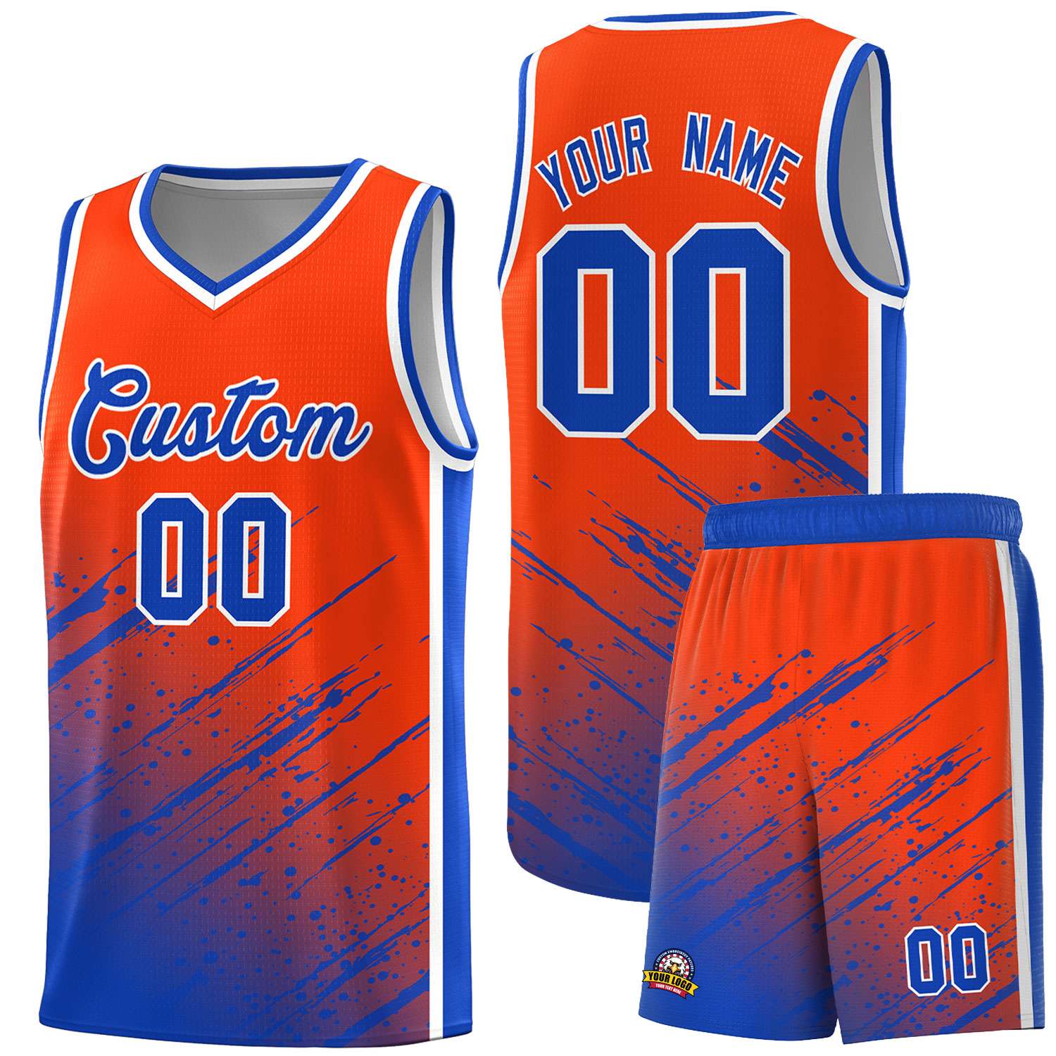 Custom Orange Basketball Kits With Royal Paint Graffiti