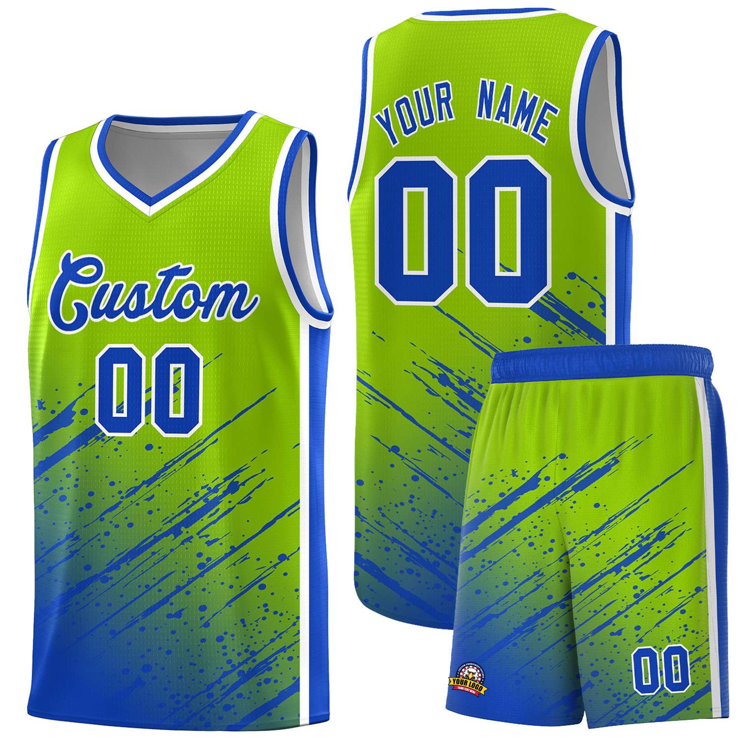 Custom Neon Green Basketball Kits With Royal Paint Graffiti