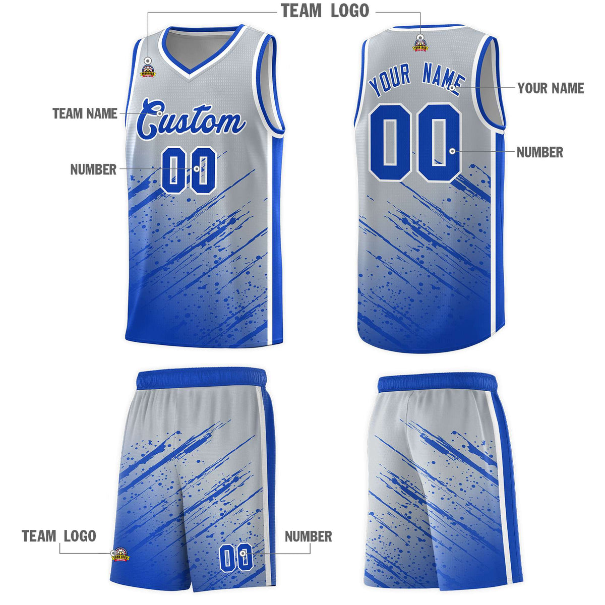 Custom Gray Basketball Kits With Royal Paint Graffiti