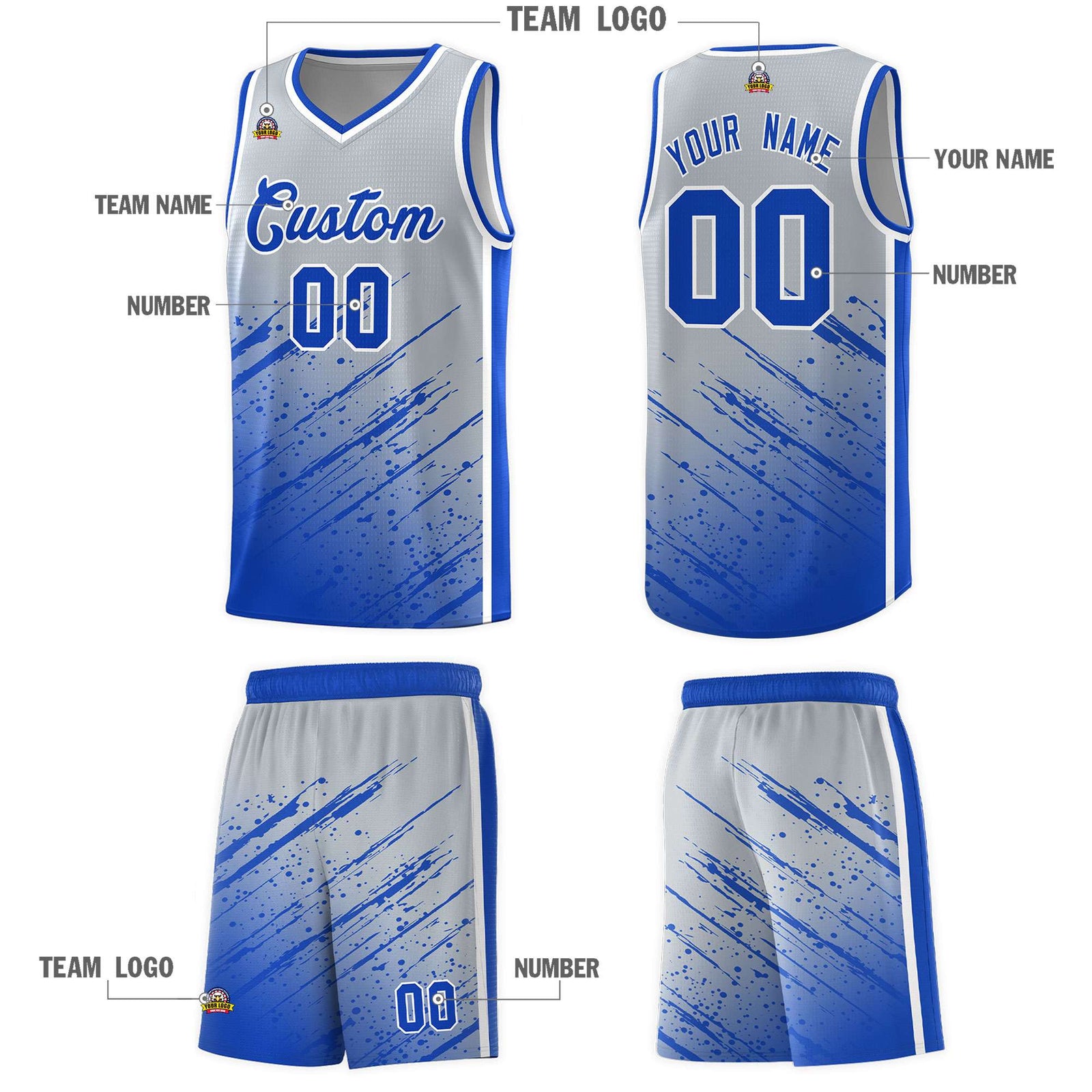 Custom Gray Basketball Kits With Royal Paint Graffiti