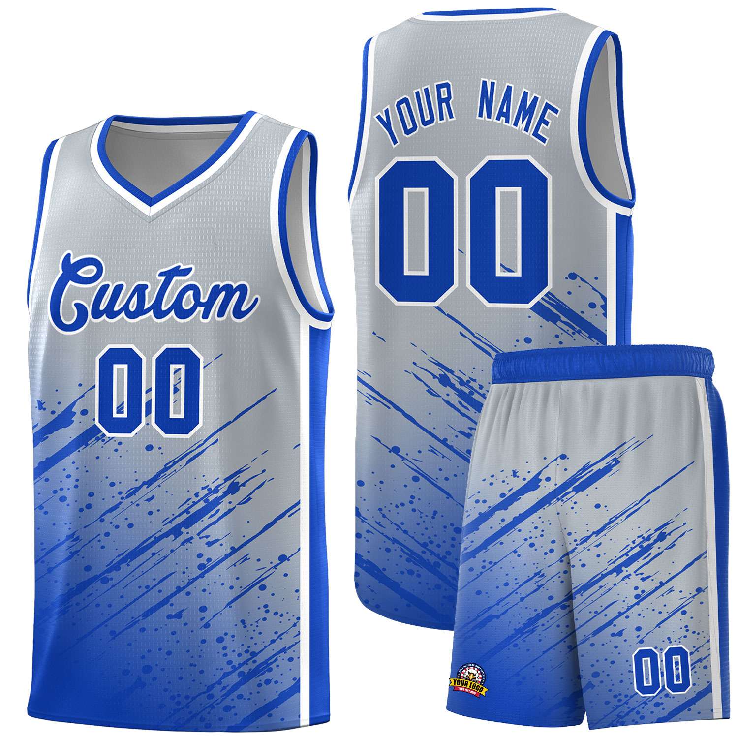 Custom Gray Basketball Kits With Royal Paint Graffiti