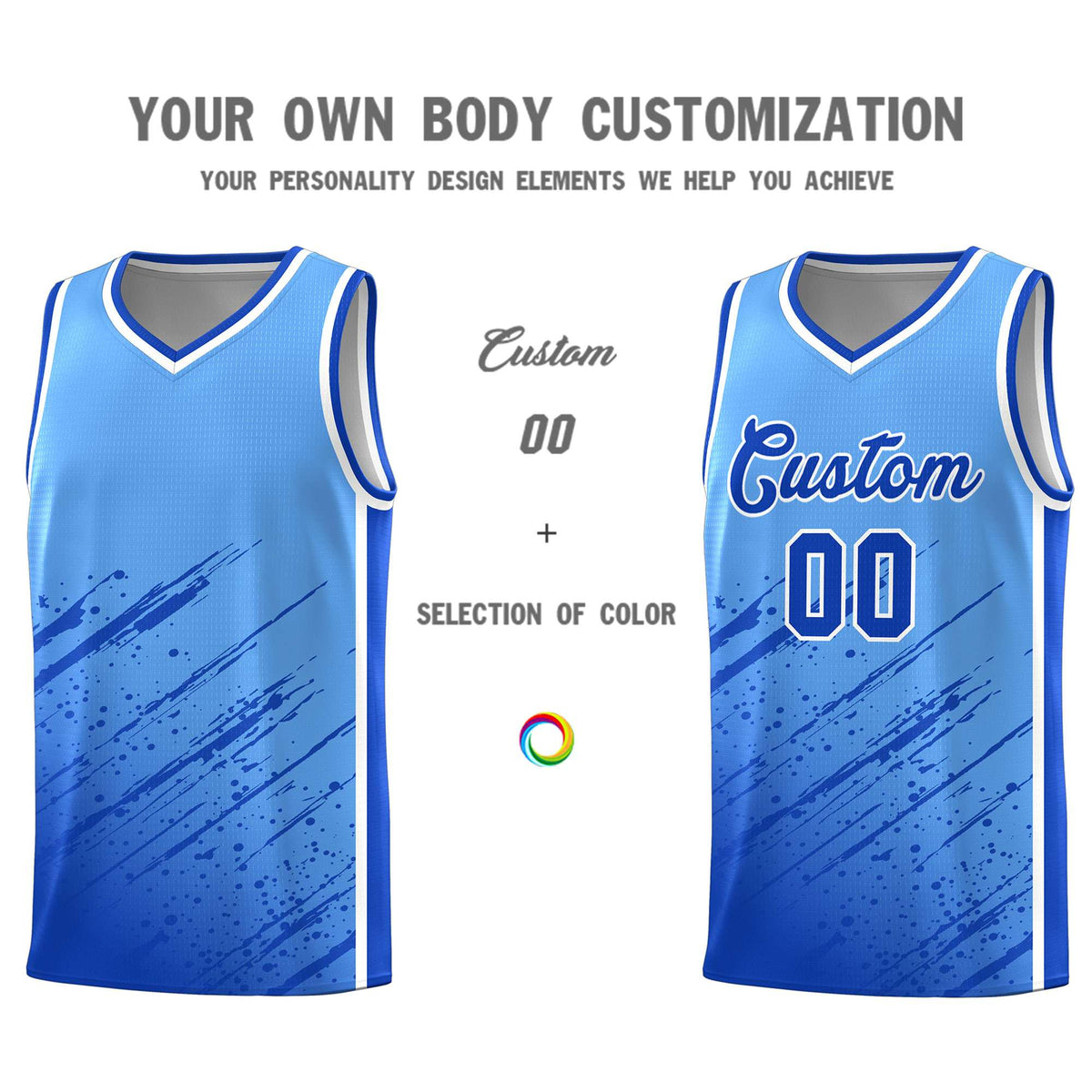 Custom Powder Blue Basketball Kits With Royal Paint Graffiti