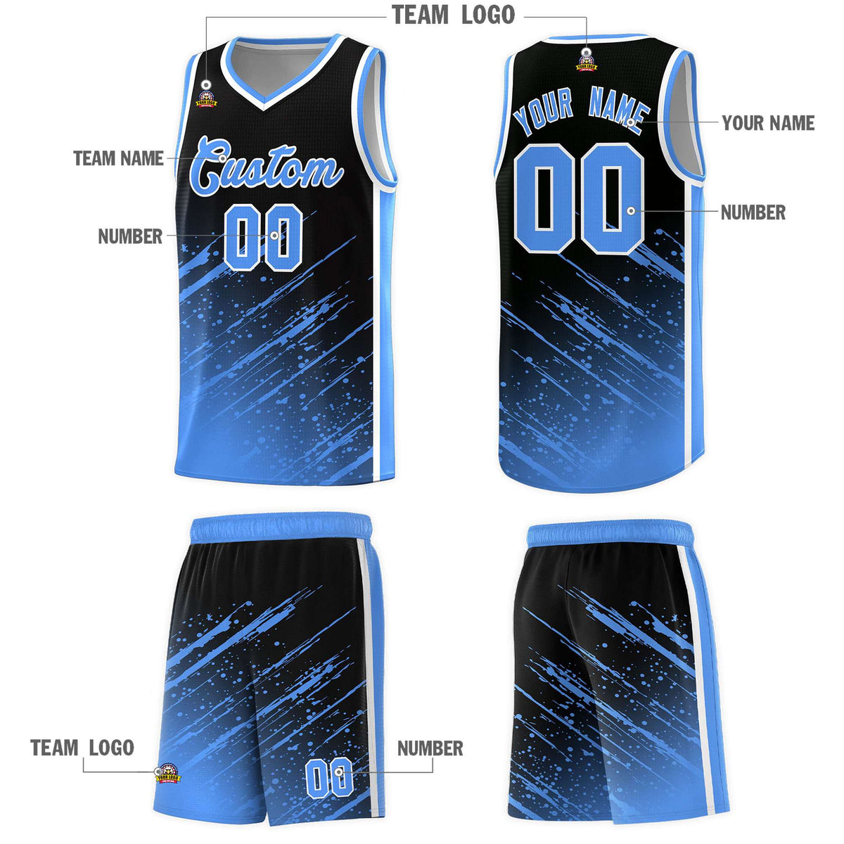 Custom Black Basketball Kits With Powder Blue Paint Graffiti